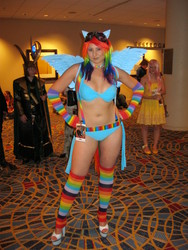 Size: 1704x2272 | Tagged: safe, artist:salaciouseos, rainbow dash, human, g4, belly button, bikini, clothes, cosplay, irl, irl human, multicolored hair, photo, rainbow hair, sexy, swimsuit