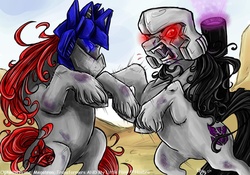 Size: 850x595 | Tagged: safe, artist:blackheartedhate, earth pony, pony, g3, 2006, blood, bruised, duo, duo male, fight, helmet, male, megatron, optimus prime, ponified, purple blood, red eyes take warning, stallion, transformers, unshorn fetlocks