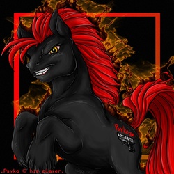 Size: 750x750 | Tagged: safe, artist:blackheartedhate, oc, oc only, oc:psyko, earth pony, pony, g3, 2006, commission, evil smile, male, rearing, red and black oc, sharp teeth, smiling, solo, stallion, teeth, unshorn fetlocks