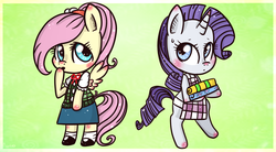 Size: 1112x612 | Tagged: safe, artist:flarities, fluttershy, rarity, pegasus, unicorn, semi-anthro, g4, animal crossing, apron, blushing, clothes, crossover, cute, duo, duo female, ear blush, female, hoof blush, horn, horn blush, isabelle, raribetes, sable, shyabetes, skirt, wing blush