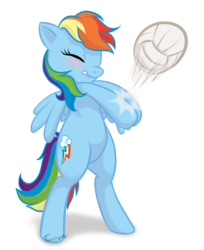 Size: 1600x1958 | Tagged: safe, artist:furreon, rainbow dash, pegasus, pony, g4, action pose, ball, bipedal, blushing, eyes closed, female, mare, signature, simple background, solo, sports, transparent background, volleyball