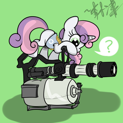 Size: 1000x1000 | Tagged: safe, artist:lightningnickel, sweetie belle, g4, clothes, crossover, curious, cute, diasweetes, female, heavy (tf2), heavy belle, question mark, shirt, solo, team fortress 2, this will end in tears, this will end in tears and/or death, weapon