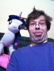 Size: 480x640 | Tagged: artist needed, safe, twilight sparkle, human, g4, brony, glasses, irl, irl human, jin, photo, plushie