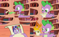 Size: 1200x755 | Tagged: safe, spike, twilight sparkle, comic:dragon you over, g4, dragonfire, exploitable meme, fire, letter to spike, meme, nope