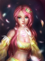 Size: 800x1095 | Tagged: safe, artist:indiron, fluttershy, human, g4, beautiful, breasts, cleavage, clothes, female, front view, full face view, humanized, magic, midriff, portrait, solo