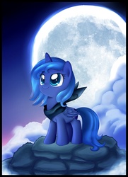 Size: 3202x4423 | Tagged: safe, artist:pridark, princess luna, pony, g4, bandana, cloud, cloudy, cute, female, filly, lunabetes, moon, night, rock, solo, standing, woona, younger