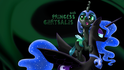 Size: 1366x768 | Tagged: safe, artist:syggie, nightmare moon, queen chrysalis, alicorn, changeling, changeling queen, nymph, pony, ask the changeling princess, g4, abstract background, ask, cute, cutealis, duo, duo female, female, filly, filly queen chrysalis, foal, helmet, mare, nightmare moon is not amused, princess chrysalis, tumblr, unamused, wallpaper, younger
