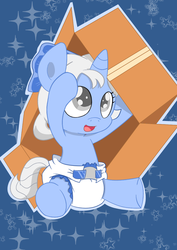 Size: 883x1248 | Tagged: safe, artist:artiecanvas, oc, oc only, oc:filly moonshine, pony, baby, baby pony, cardboard box, diaper, foal, poofy diaper, solo
