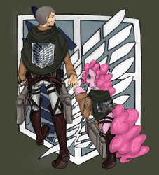 Size: 1850x2040 | Tagged: safe, artist:insanitylittlered, pinkie pie, earth pony, human, pony, g4, attack on titan, connie springer, crossover, digital art, duo, female, looking at each other, male, mare, shingeki no koyubi, smiling, survey corps