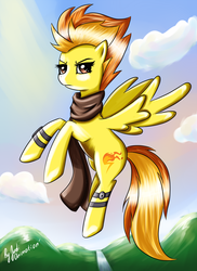 Size: 900x1235 | Tagged: safe, artist:judianimation, spitfire, g4, clothes, female, flying, scarf, solo