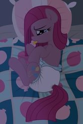Size: 1000x1500 | Tagged: safe, artist:fillyscoots42, pinkie pie, earth pony, pony, g4, adult foal, ageplay, bed, crying, cute, cuteamena, diaper, female, non-baby in diaper, pacifier, pinkamena diane pie, poofy diaper, sad, solo