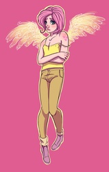 Size: 571x900 | Tagged: safe, artist:ripushko, fluttershy, human, g4, butterscotch, clothes, humanized, male, rule 63, solo, spaghetti strap, tank top, thick eyebrows, trans fluttershy, transgender, winged humanization