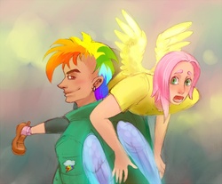 Size: 850x704 | Tagged: safe, artist:ripushko, fluttershy, rainbow dash, human, g4, butterscotch, carrying, gay, humanized, male, mohawk, rainbow blitz, rule 63, ship:butterblitz, shipping, thick eyebrows, winged humanization