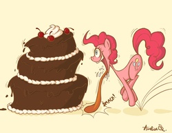 Size: 3300x2550 | Tagged: safe, artist:evilscribbles, pinkie pie, earth pony, pony, g4, cake, drool, female, food, giant food, how, imminent nom, imminent stuffing, impossibly long tongue, long tongue, looking at something, mare, pinkie being pinkie, solo, that pony sure does love cakes, tongue out