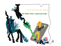 Size: 800x600 | Tagged: safe, artist:wryte, carrot cake, cup cake, queen chrysalis, g4, alternate clothes, alternate hairstyle, catsuit, clothes, goldfinger, james bond, laser, spy, tuxedo