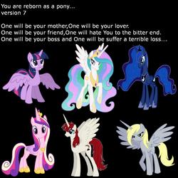 Size: 2000x2000 | Tagged: safe, derpy hooves, princess cadance, princess celestia, princess luna, twilight sparkle, oc, oc:fausticorn, alicorn, pony, g4, alicorn hexarchy, derpicorn, lauren faust, race swap, reborn as a pony, twilight sparkle (alicorn), underp