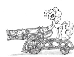 Size: 2936x2283 | Tagged: safe, artist:theonlycountfilth, pinkie pie, g4, cannon, evil smile, female, grin, monochrome, pencil drawing, smiling, solo, traditional art