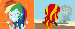 Size: 1432x558 | Tagged: safe, artist:garretthegarret, rainbow dash, sunset shimmer, equestria girls, g4, bathroom, cute, dashabetes, funny, funny as hell, grin, mirror, moustache, prank, smiling, sunset shimmer is not amused, this will end in pain, this will end in tears, this will not end well, toilet, unamused