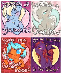 Size: 1062x1260 | Tagged: safe, artist:clovercoin, oc, oc only, oc:harvest tale, oc:lacey, oc:sleepy star, oc:trinket, eyes closed, heart, text, valentine