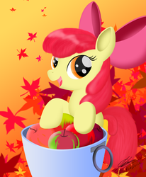 Size: 1518x1842 | Tagged: safe, artist:bludraconoid, apple bloom, earth pony, pony, g4, apple, bucket, female, filly, food, leaf, maple leaf, solo
