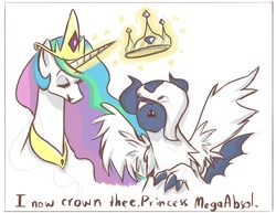 Size: 1500x1158 | Tagged: safe, artist:romaniz, princess celestia, absol, alicorn, pony, g4, crossover, crown, duo, magic, mega absol, mega evolution, pokémon, pokémon x and y, telekinesis