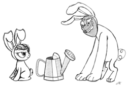 Size: 1240x838 | Tagged: safe, artist:subtlepixel, apple bloom, rover, diamond dog, g4, bunny bloom, bunny costume, clothes, monochrome, watering can