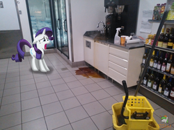 Size: 3264x2448 | Tagged: safe, artist:ojhat, rarity, g4, bottle, bucket, coffee machine, convenience store, freezer, irl, mop, photo, ponies in real life, sink, spill, vector