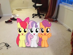 Size: 3264x2448 | Tagged: safe, artist:boltblazer, apple bloom, scootaloo, sweetie belle, g4, battery, chair, clothes, curtains, cutie mark crusaders, irl, photo, ponies in real life, room, shoes, vector