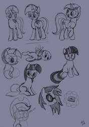 Size: 1240x1753 | Tagged: safe, artist:subtlepixel, applejack, derpy hooves, dj pon-3, lyra heartstrings, twilight sparkle, vinyl scratch, pegasus, pony, g4, compact cassette, female, magic, mare, monochrome, sketch dump