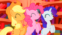 Size: 1266x712 | Tagged: safe, artist:fuckyeahrarity, screencap, applejack, pinkie pie, rarity, earth pony, pony, unicorn, dragonshy, g4, ^^, applejack's hat, bipedal, cowboy hat, eyes closed, golden oaks library, happy, hat, hind legs, horses doing horse things, rearing, saturated, trio