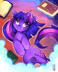 Size: 675x834 | Tagged: safe, artist:co0kie-cat, twilight sparkle, pony, unicorn, g4, book, derp, female, mare, solo, unicorn twilight