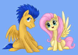 Size: 900x636 | Tagged: safe, artist:mn27, flash sentry, fluttershy, pegasus, pony, g4, blue background, cute, female, flutterflash, looking at you, male, mare, open mouth, pun, shipping, simple background, sitting, smiling, spread wings, stallion, straight