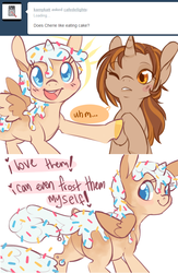 Size: 600x923 | Tagged: safe, artist:clovercoin, oc, oc only, oc:cherie cupcake, oc:mocha delight, alicorn, food pony, original species, pony, alicorn oc, ask, comic, dialogue, text, tumblr