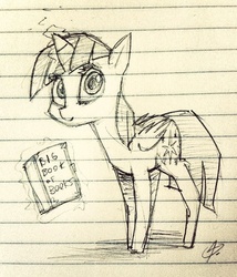 Size: 685x800 | Tagged: safe, artist:cobaltsnow, twilight sparkle, alicorn, pony, g4, book, female, grayscale, lined paper, mare, monochrome, solo, that pony sure does love books, traditional art, twilight sparkle (alicorn)