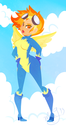 Size: 1225x2328 | Tagged: safe, artist:kikuban, artist:licoricebunny, spitfire, human, g4, boots, clothes, female, goggles, high heel boots, humanized, lipstick, red lipstick, shoes, sky background, solo, wings, wonderbolts uniform