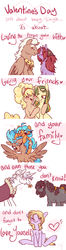 Size: 600x2287 | Tagged: safe, artist:clovercoin, oc, oc only, oc:cinders, oc:citrus tang, oc:divide, oc:harvest tale, oc:poppy, oc:princess charming, oc:starcrossed, oc:trinket, comic, heart, text, valentine's day