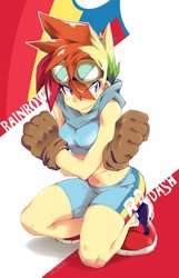 Size: 716x1115 | Tagged: dead source, safe, artist:jeniak, rainbow dash, human, g4, belly button, clothes, compression shorts, female, gloves, goggles, goggles on head, humanized, midriff, solo