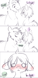 Size: 600x1206 | Tagged: safe, artist:clovercoin, oc, oc only, blushing, comic, dialogue, exclamation point, eyes closed, female, kissing, male, shipping, straight, text