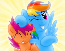 Size: 4200x3300 | Tagged: safe, artist:verulence, rainbow dash, scootaloo, g4, eyes closed, noogie, wink