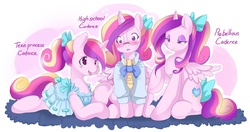 Size: 1280x675 | Tagged: safe, artist:ende26, princess cadance, alicorn, pony, ask high school cadance, g4, blushing, bow, clothes, cute, cutedance, dress, female, glasses, hair bow, mare, ponytail, prone, shirt, sitting, smiling, tail bow, teen princess cadance