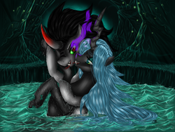 Size: 1032x774 | Tagged: safe, artist:sevenada, king sombra, queen chrysalis, changeling, g4, antagonist, couple, crystal, female, love, male, ship:chrysombra, shipping, straight, water