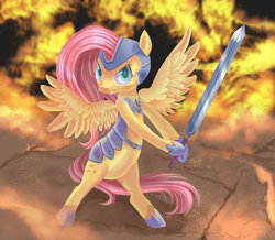 Size: 800x696 | Tagged: safe, artist:php154, fluttershy, pony, g4, armor, badass, bipedal, female, flutterbadass, solo, spread wings, sword, wings