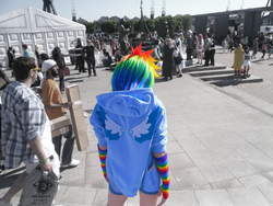 Size: 900x675 | Tagged: safe, artist:signedwithanecks, rainbow dash, human, g4, clothes, convention, cosplay, evening gloves, fingerless gloves, gloves, hoodie, irl, irl human, london mcm expo, mcm london, partial color, photo