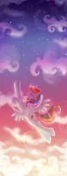 Size: 900x2333 | Tagged: safe, artist:magexp, rainbow dash, g4, cloud, cloudy, eyes closed, female, flying, solo, stars, sunset, vertical