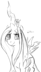 Size: 397x693 | Tagged: safe, artist:dotkwa, queen chrysalis, changeling, changeling queen, g4, female, grayscale, monochrome, simple background, solo