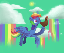 Size: 1024x858 | Tagged: safe, artist:1eg, rainbow dash, chicken, g4, cloud, cloudy, female, flying, implied scootaloo, solo