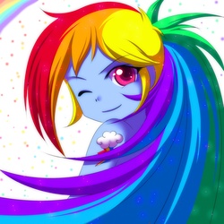 Size: 2222x2222 | Tagged: safe, artist:jacky-bunny, rainbow dash, equestria girls, g4, bare shoulder portrait, female, solo, tattoo, wink