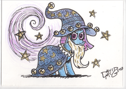 Size: 541x381 | Tagged: safe, artist:coyotecoyote, star swirl the bearded, g4, beard, cloak, clothes, hat, male, solo, stars, traditional art