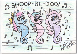Size: 541x381 | Tagged: safe, artist:coyotecoyote, sea pony, music notes, shoo be doo, text, traditional art, underwater