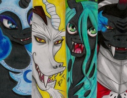 Size: 1012x776 | Tagged: dead source, safe, artist:rot-lunatik, discord, king sombra, nightmare moon, queen chrysalis, pony, g4, antagonist, traditional art